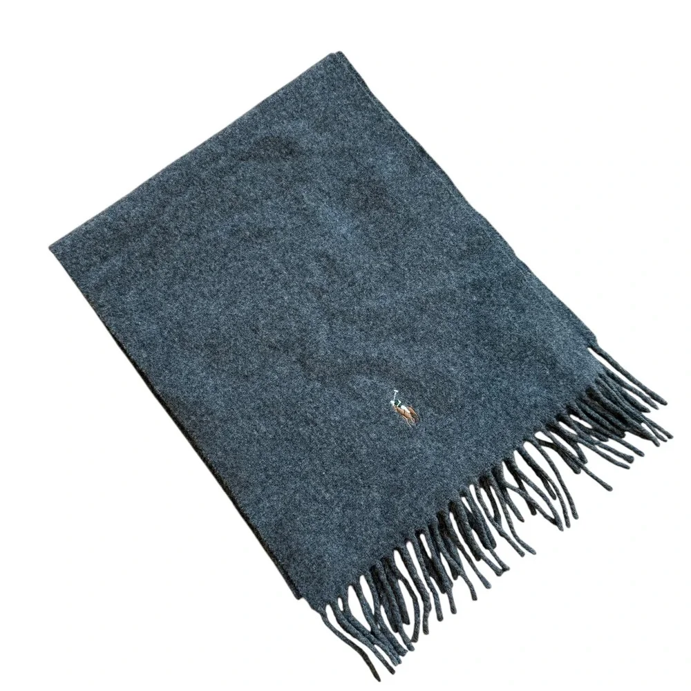 Polo Ralph Lauren Cashmere Lambswool Scarf Gray Made in‎ Italy Embroidered Pony